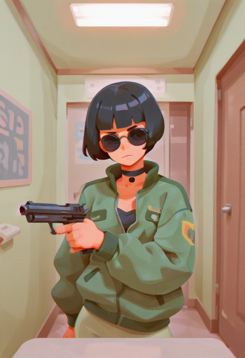 sp3,  masterpiece, best quality, solo,  mathilda from leon, green jacket, black round sunglasses, choker, (black bobcut:1.1), holding pistol, apartment room, facing viewer, warm colors, 