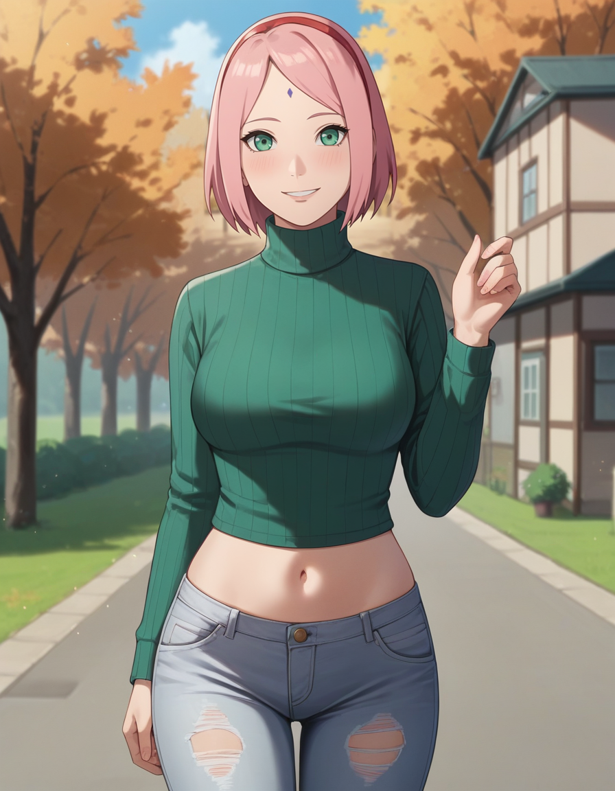 score_9,score_8_up,score_7_up, source_anime, green sweater, ribbed sweater, turtleneck sweater, slutty, blush, smile, 1girl,  outdoors, looking at viewer, nsfw, cowboy shot, sakurabr, haruno sakura, 1girl, forehead mark, red hairband <lora:SakuraAdamW8-10:1>  ripped jeans, midriff, navel, long sleeves, autumn, mature female, village