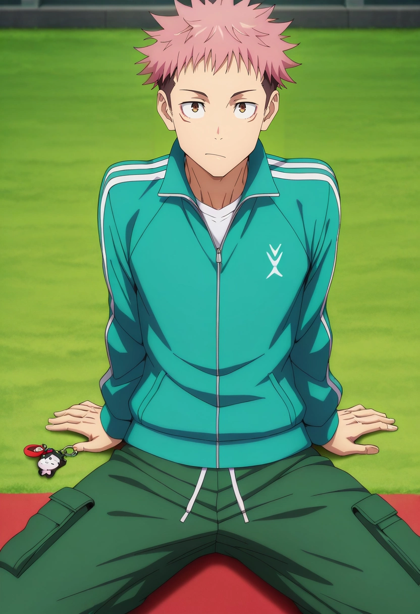 masterpiece, best quality, intricate details, anime screencap, anime coloring, official style, looking at viewer, 1boy, solo, male focus, <lora:yuuji_itadori_ilxl:0.9>, yuuji_itadori, pink hair, brown eyes, short hair, undercut, spiked hair, , Cargo pants with zip-off legs, Moroccan Zip-up track jacket, , , Keychain and