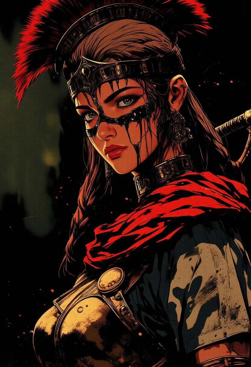 Female Roman soldier, war paint, face paint, eye black, glowing eyes, glancing at viewer, in profile, toned arms, braided hair, battle damaged armor, large breasts, breast plate, dark and moody background, adds a dramatic tone, subtle lighting reflections, ray traced, foreshortening, particle effect, Holding a sword,