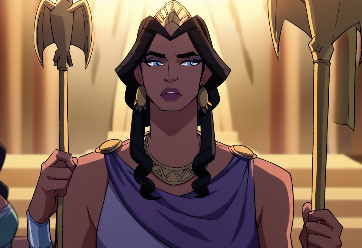score_9, score_8_up, score_7_up, hippolyta, long hair, blue eyes, black hair, makeup, lipstick, dress, jewelry, earrings, purple dress, necklace, crown, tiara, staff