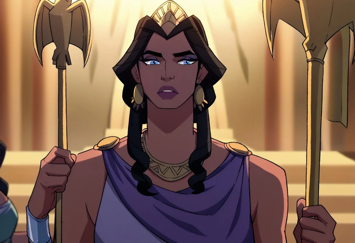 score_9, score_8_up, score_7_up, hippolyta, long hair, blue eyes, black hair, makeup, lipstick, dress, jewelry, earrings, purple dress, necklace, crown, tiara, staff