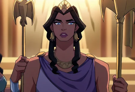 score_9, score_8_up, score_7_up, hippolyta, long hair, blue eyes, black hair, makeup, lipstick, dress, jewelry, earrings, purple dress, necklace, crown, tiara, staff