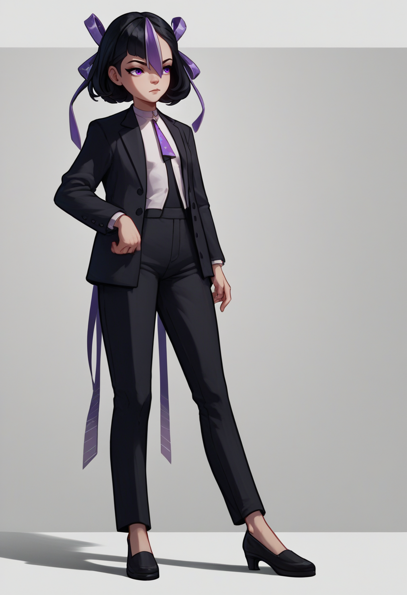 score_9, score_8_up, score_7_up, source_anime BREAK 1girl, solo, standing, <lora:syuen-nikke-richy-v1_pdxl:1> syuen, purple eyes, black hair, streaked hair, short hair, bangs, hair ribbon, business suit, open jacket, black blazer, necktie, black pants, long legs, standing, full body,