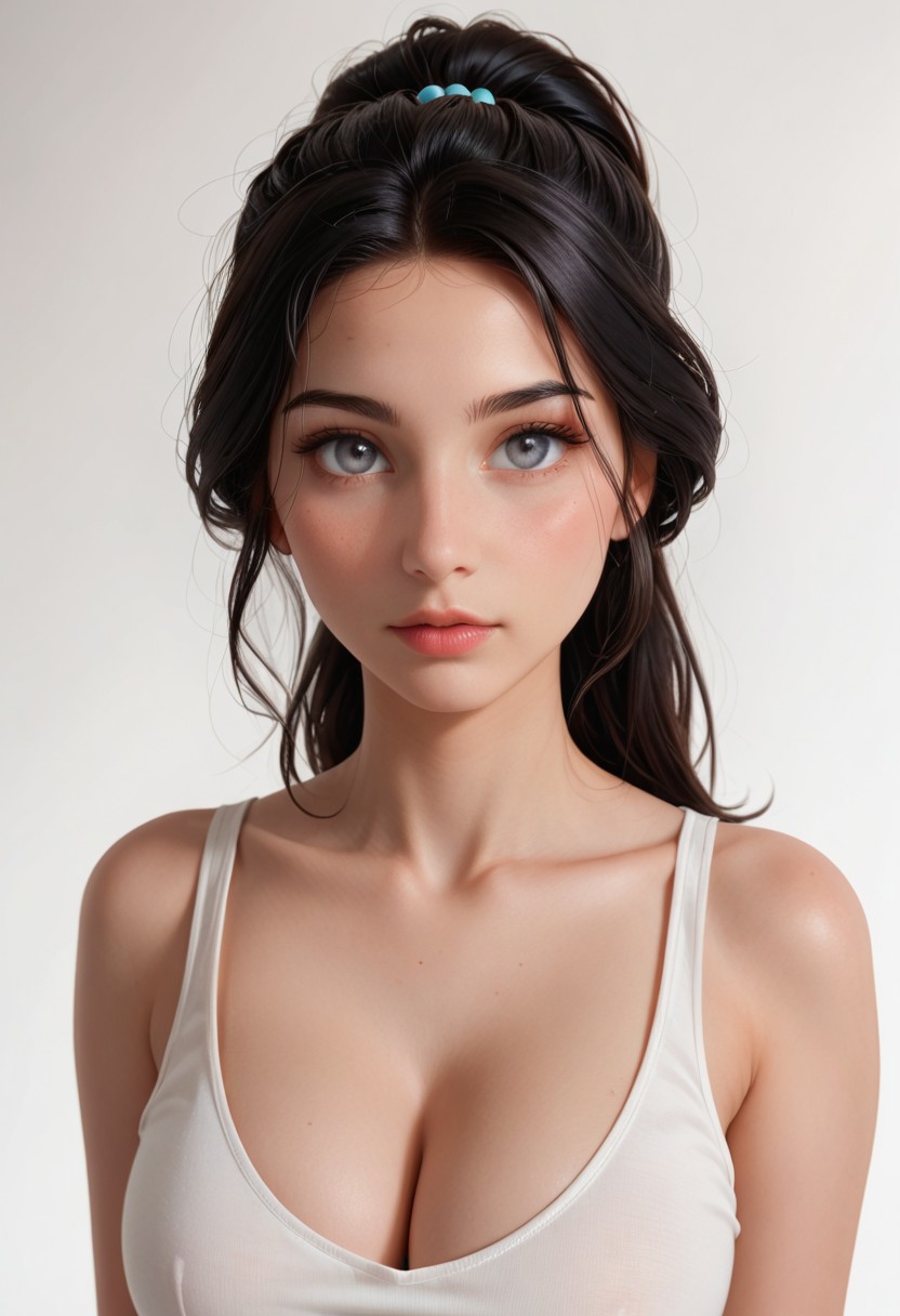 score_9, score_8_up, score_7_up, score_6_up, score_5_up, score_4_up, Jasmine, Expressiveh, real skin,, beautiful, high res image, detailed eyes, Beautiful eyes. Perfect pupils, high gradient eyes, high definition eyes, environmental lighting, perfect eyes, perfect hands, five finger, no extra hands and finger, black hair, high ponytail, grey eyes, vieny breast, big breasts, standing, white background, white tank top, empty background, framed head to cleavage, closeup, look straight