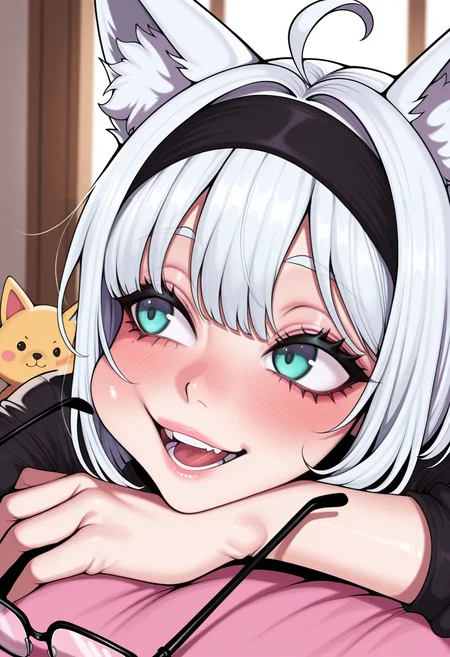 <lora:mixed:1>, STYLE_M1X, masterpiece, absurdres,amazing quality, best quality, extremely detailed, detailed background,1girl, d,ahoge,animal ear fluff,animal ears,aqua eyes,black hairband,black shirt,blurry,blurry background,blush,cheek press,close-up,crossed arms,depth of field,fox ears,fox girl,hairband,head rest,holding,holding removed eyewear,long sleeves,looking to the side,open mouth,portrait,shirt,smile,solo,stuffed fox,teeth,tongue,unworn eyewear,white hair