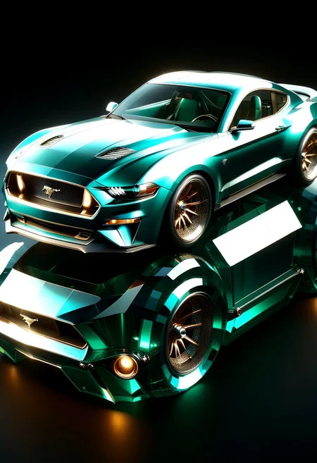 A futuristic car made entirely of transparent crystal that has hints of a 1966 Ford Mustang convertible. It is entirely made out of transparent glass crystal, ultra detailed, enhanced, prismatic colors, render, CRU, sharp, 8k, octane render, cinema 4d, blender, dark, atmospheric 4k ultra detailed, cinematic, Sharp focus, big depth of field, Masterpiece, colors, 3d octane render, 4k, concept art, hyperrealistic, Vivid colors, extremely detailed 8k wallpaper, Intricate, High Detail. Car has square LED headlights, a glowing LED Ford mustang emblem. LED running lights Car is in a futurist high tech dealer showroom on a circular platform that is lit from below. The car has several spotlights on it which only enhance the crystal. camera is looking down and sideways as the car. emeraldmorph
