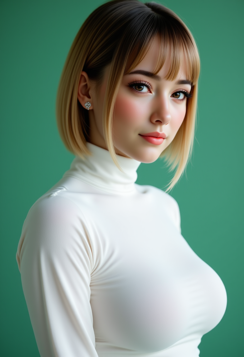 Headshots,a digital painting of a beautiful woman,Hyperrealistic, she is smiling, dynamic angles, multiple angles, photoshoot poses; A photo of Annika 161 pro series, a woman with Short hair,, she has massive breasts, a beautiful girl,she is wearing a white turtleneck sweater.she has massive breasts, she has piercing eyes. a dynamic pose and a sense of action. simple green background, and the lighting is soft, creating a dramatic effect, creating a focused and dynamic pose.; the scene is set in a beautiful well-lit environment, with a sense of action and adventure. Style: realistic hyper-detailed rendering, 32k UHD, expressive eyes, punk, graphic design, girl's face, pretty and cute, gleaming lips, telling a tale of adventure. Exuding confidence and serenity. The overall mood of the image is happy and relaxed, detailed skin texture,(blush:0.2),(goosebumps:0.3), subsurface scattering,with a playful and whimsical tone,aidmafluxpro1.1, perfection style,,retro50s_style,
