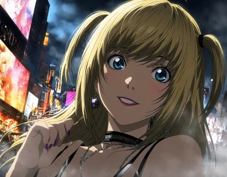 1girl, portrait of Misa Amane, death note, Modern Anime, adult female, From Death Note anime, best quality, 8K, DSLR quality, Bloom Lighting, Good Face, Beautiful Face, Slim, highly detailed, glow, extreme details, fog, smoke, blond hair, full body, happy, smile, perfect eyes, <lora:perfect-eyes:1>, perfecteyes, eyes reflection, detailed eyes, upper body, hdr quality, full of color, smoke, cinematic, night, moon light, 2010s, windy, hair swaying in wind, purple nail polish, nigh time, blue eyes, grainy, chromatic aberration, adult woman, Depth of field effect, uwu, cute, blush, perfecteyes, eyes reflection, detailed eyes, upper body, shy smile, hdr quality, hands doing cute pose, full of color, smoke, cinematic, in city, times square, no crowd, <lora:misa_amane-step00000862:1>