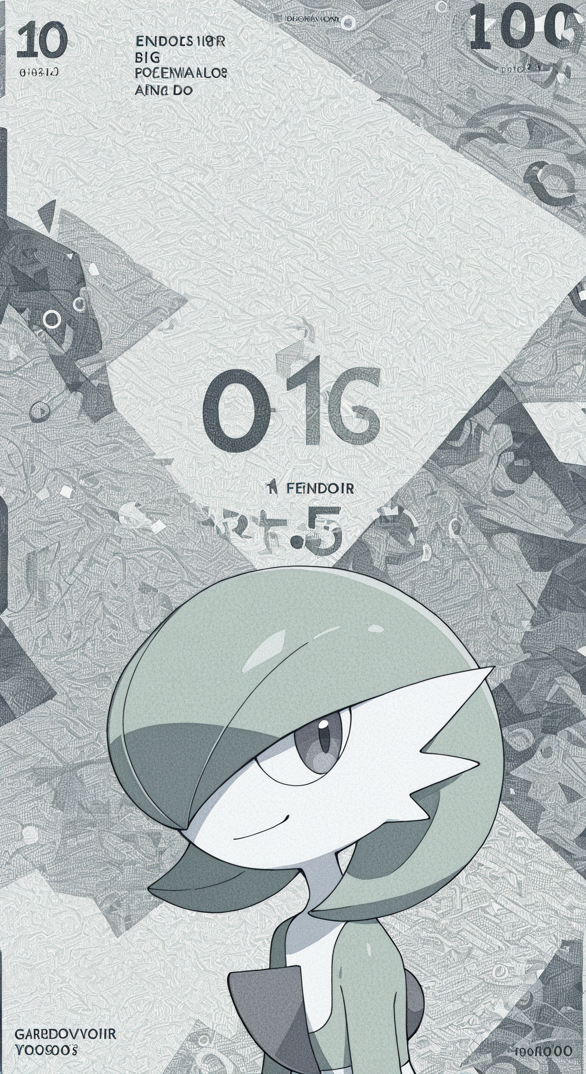 100,
<lora:[Style - IL] R50 Banknote Style:1> r50_banknote, english text, big text, number, 
upper body,close-up,
happy, smirk, looking ahead,
three-quarter viewe,
pokemon \(creature\), gardevoir,
abstract background, shapes,
grey theme,
,
masterpiece, best quality,
