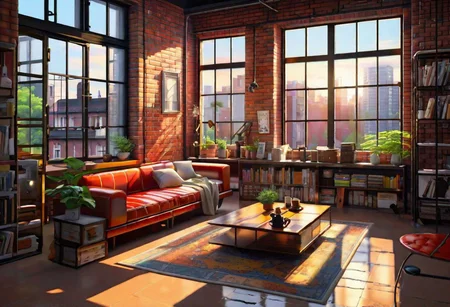 anime-style, an industrial-style interior with red brick walls and large windows, a  study, Sofa, coffee table, bookcase, single wall, 
warm light morning sun, the view of the city