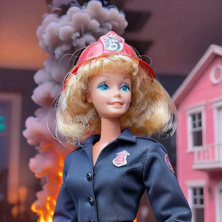 full body shot, <lora:Barbie_Doll_SDXL:1> Barbie wearing a fireman uniform, fire fighter, helmet, house fire scene, house on fire, pink houses, flames, smoke