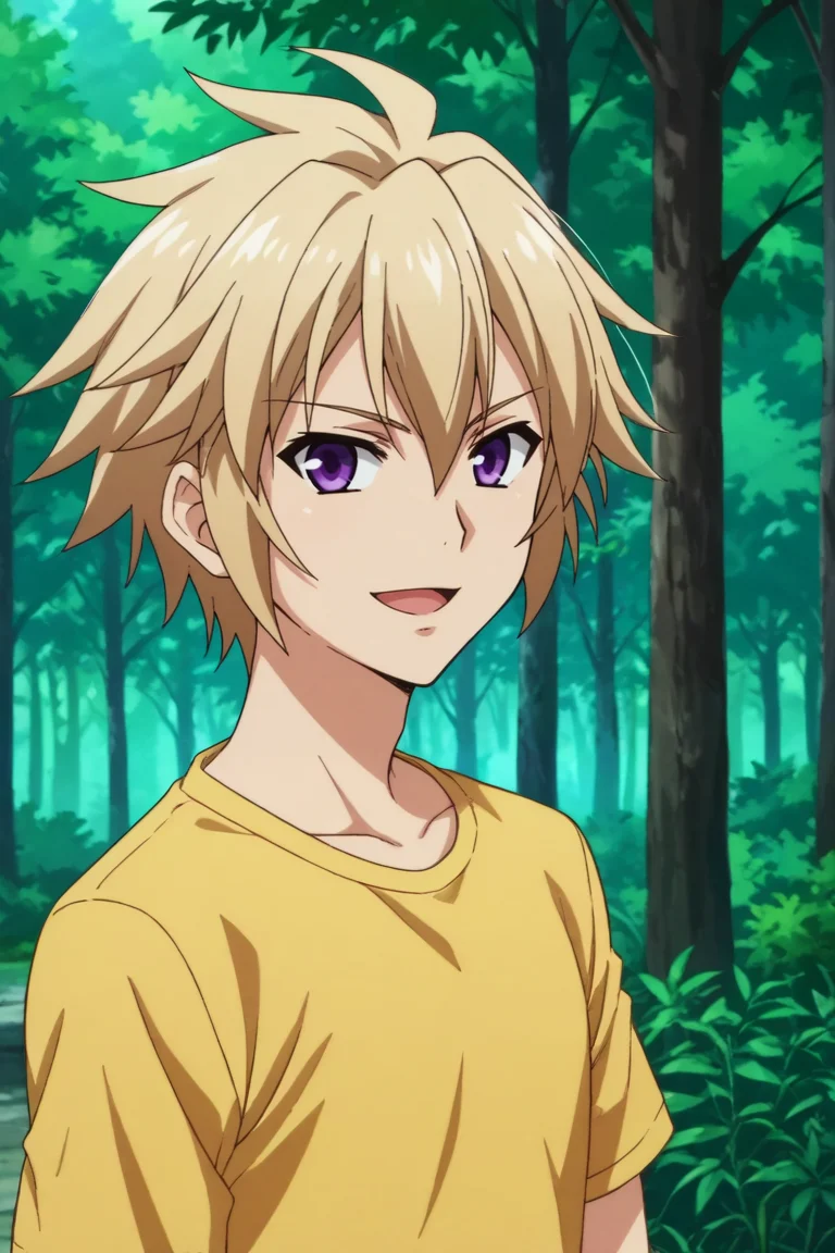 score_9, score_8_up, score_7_up,score_6_up,score_5_up,score_4_up,source_anime,BREAK, rating_safe, intricate details , , , anime screencap, anime coloring, official style, depth of field , , ,1boy, solo, male focus , , , <lora:izayoi:0.84>,sakamaki izayoi,blonde hair,purple eyes,short hair,spiky hair,hair between eyes,natural hair,simple hairstyle,smile, open mouth,shirt, upper body,t-shirt,:d, outdoors, tree, ^ ^, parody, facing viewer, nature, forest, yellow shirt,looking at you ,from side, , ,<lora:sdxl_lightning_8step_lora_315544:1>