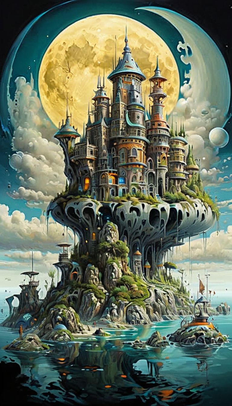 painting fantasy futuristic floating castle, ocean rocks island, giant full moon, clouds
castlesland <lora:castlesland:1>