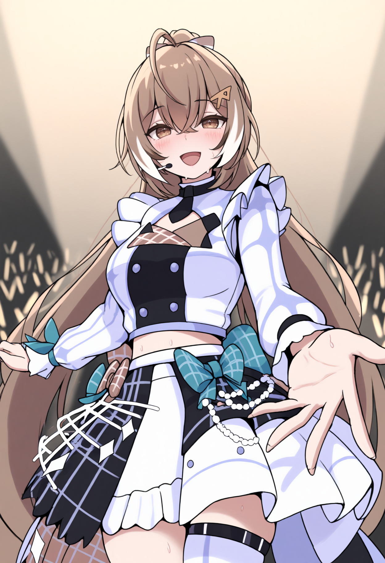 masterpiece, best quality, 1girl, solo, N4nashiId0l, brown eyes, brown hair, long hair, streaked sidelocks, ahoge, ponytail, hair bow, hairclip, hair ornament, double-breasted, crop top, idol uniform, uneven sleeves, single long sleeve, wrist cuffs, white skirt, half-skirt, frills, black shorts, thigh strap, single white thighhigh, stage lights, on stage, performing, audience, sweat, microphone, smile, :d, blush, reaching towards viewer, <lora:ChamNanashiMumeiNoob:1>