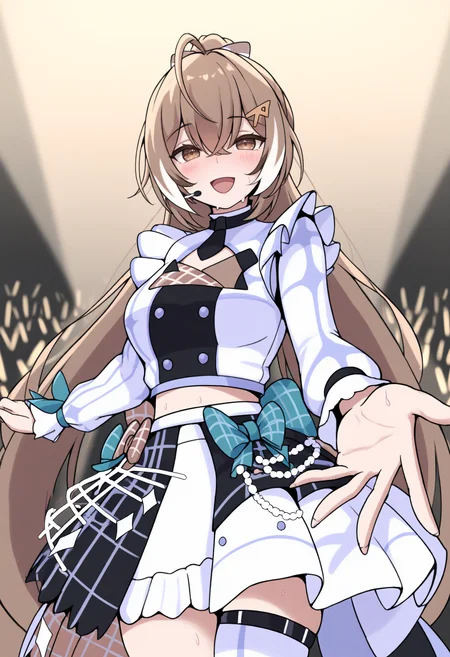 masterpiece, best quality, 1girl, solo, N4nashiId0l, brown eyes, brown hair, long hair, streaked sidelocks, ahoge, ponytail, hair bow, hairclip, hair ornament, double-breasted, crop top, idol uniform, uneven sleeves, single long sleeve, wrist cuffs, white skirt, half-skirt, frills, black shorts, thigh strap, single white thighhigh, stage lights, on stage, performing, audience, sweat, microphone, smile, :d, blush, reaching towards viewer, <lora:ChamNanashiMumeiNoob:1>