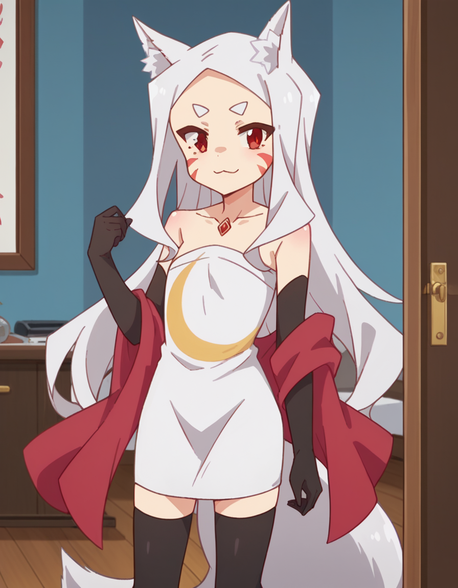 score_9, score_8_up, score_7_up, source_anime,
kitsuneshiro, <lora:kitsune-shiro-s1-ponyxl-lora-nochekaiser:1>,
shiro, long hair, red eyes, animal ears, tail, animal ear fluff, fox ears, fox tail, facial mark, thick eyebrows, fox girl,
thighhighs, gloves, dress, bare shoulders, jewelry, collarbone, black gloves, elbow gloves, black thighhighs, white dress, strapless, strapless dress, shawl,
indoors, smile,
cowboy shot, looking at viewer, solo,