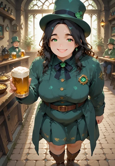 IllusP0s, PonyScores7, source_anime, ah1, IllustriousQual, interesting, exciting, spectacular, wonderful, amazing quality, absolutely eye-catching, 
BREAK <lora:xl_more_art-full_v1:0.2>, <lora:aesthetic_anime_v1s:0.2>, <lora:EpicF4nta5yXL:0.2>, <lora:detailxl:0.2>, detailxl, <lora:Fant5yP0ny:0.2>, amazing quality, best aesthetic, absurdres, illustration, Volumetric_Lighting, ultra-detailed, very aesthetic, intricate details, best_quality, <lora:Add_Details_v1.2:0.4>, <lora:quality_modifiers_masterpieces_v1:0.2>, <lora:ZootPonyAnime_V1_r2:0.2>, <lora:Bestifacator2:0.2>,
BREAK ((pushing a service trolley)),
BREAK Stable_Yogis_PDXL_Positives, AS-Adult, <lora:Complicated fantasy portrait - XL Pony V2.0:0.2>, bad-hands-5, <lora:HDA_Detailer:0.3>, <lora:natsumi_style:0.5>, <lora:by_usakun-pony:0.4>, by usakun, <lora:Akina_Bbw_Style_-_PonyXL:0.2>, AkinBw, ((coastal Grandmother fashion style, inspired by a relaxed coastal lifestyle, is characterized by lightweight fabrics, classic cuts, and a neutral color palette, exuding timeless elegance)),
BREAK 1girl, mature female, (curvy), round-chin, caucasian, <lora:ETO_OC_Illustrius:0.5>, eto_oc, skindentation, (plump), thick thighs, wide hips, busty, voluptuous, <lora:venus body PonyXL:0.3>, <lora:shinyskin2:0.2>, glistening skin, HDA_FatGirlXL, round ass, large breasts, <lora:plussizegirls_IL:0.3>, <lora:plussizegirls_pony:0.3>, <lora:perfection style:0.2>, perfection style, perfection, 
BREAK ((<lora:ShamrockWorld_IXL:0.2>, shamrockworld, clover, four-leaf clover, cup, green theme, bow, holding pint of beer, jewelry, <lora:illustrious_Leprechaun:0.2>, illustrious Leprechaun, green hat, belt, brown footwear, green dress, top hat, buttons, gold coins, boots, green headwear, green coat)),
BREAK (curly hair), long hair, (black hair:1.4), (parted hair:1.7), messy hair, kinky curls, <lora:hairdetailpxl:0.2>, hairdetailpxl,
BREAK (half green and brown eyes), (colorful eyes), (multicolored eyes), (downturned eyes:1.4), expressive eyes, <lora:perfect-eyes:0.4> perfecteyes , EyesHD, (round face:1.2), (thick eyebrows:1.3), (plump face), <lora:Round_face:0.2>, lips, <lora:DetailedEyes_xl_bdsqlsz_V1:0.2>, <lora:Eyes_Lora_Pony_Perfect_eyes:0.2>, <lora:focusoneyes:0.2>, <lora:cinematic eye color style illustrious v1:0.2>,
BREAK ((happy expression, smiling at viewer)), <lora:Expressive_H:0.2>, Expressiveh, <lora:Emotional_Anime_Expressions_PonyXL_Concept:0.2>, emotional, <lora:Best_Facial_Expression_LoRA_PONY:0.2>, looking at viewer, <lora:Detailed expressive EXEV style -XL Pony V1.0:0.2>, FaceDetail, <lora:Best_Facial_Expression_Helper_XTREME_ILLU:0.4>, kaogei,
BREAK (((ireland, irish pub))), <lora:Background Detailer - SDXL:0.8>, 4k, 8k, Ultra HD, Masterpiece, Best quality, Detailed background, <lora:Add_more_details_V2_XLpony:0.2>, full_details, <lora:background-type1:0.2>,