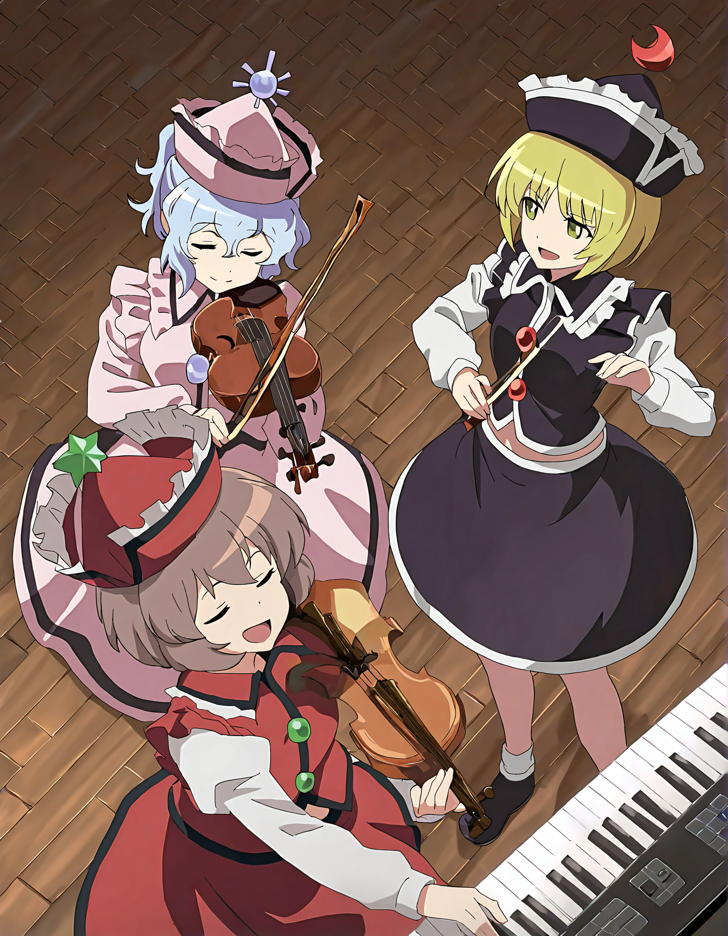 memoriesofphantasm, lyrica prismriver, multiple girls, 3girls, lunasa prismriver, instrument, merlin prismriver, blonde hair, violin, keyboard (instrument), hat, brown hair, closed eyes, sisters, siblings, playing instrument, trumpet, general, one eye closed, skirt, short hair, music, vest, smile, blue eyes, open mouth, red headwear, blue hair, wooden floor, long sleeves, black vest, red vest, red skirt, shirt, black skirt, black headwear, crescent, white shirt, green eyes
very awa, masterpiece, best quality, year 2024, newest, highres, absurdres, <lora:memories-of-phantasm-style-noobai-vpred10-timestep-dynamic:1>
