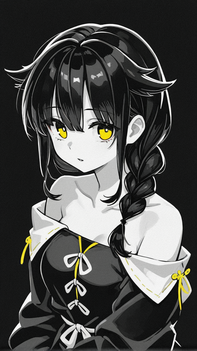 1girl, solo, looking_at_viewer, bangs, simple_background, long_sleeves, hair_between_eyes, bare_shoulders, collarbone, monochrome, yellow_eyes, upper_body, braid, greyscale, parted_lips, off_shoulder, single_braid, black_background, hair_flaps, side_braid, spot_color, off-shoulder_shirt