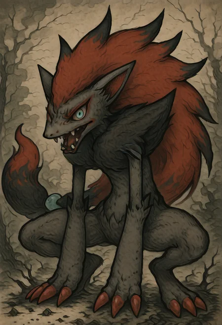 masterpiece, best quality, no humans, <lora:ZoroarkPokedex_IXL_v1:0.8>, zzZoroark, forest clearing, shattered moonlight, crouching pose, tension in the air, fog weaving through the trees â In the heart of a silent clearing, zzZoroark crouches low to the ground, claws spread, eyes locked on something hidden beyond the fog. Moonlight spills through broken branches above, fragmented by the canopy, casting sharp shadows that stretch like claws across the mossy floor. looking at viewer, glowing eyes, face focus, y0k4i, <lora:YokaiPokedex_IXL:1.3>,