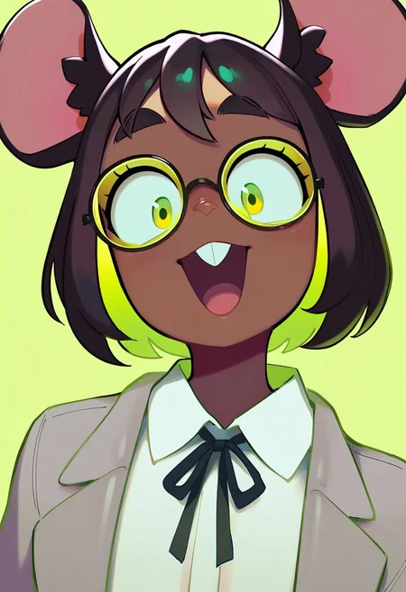 masterpiece, best quality, very aesthetic, high resolution, ultra-detailed, absurdres, newest, extremely detailed eyes, beautiful, perfect lighting, hi res, amazing quality, very awa, pvdc_il, PVDC_STL, 1girl, animal ears, glasses, dark skin, green eyes, round eyewear, open mouth, dark-skinned female, colored inner hair, looking at viewer, mouse ears, white shirt, short hair, buck teeth, collared shirt, upper teeth only, green background, black hair, bangs, portrait, green hair, multicolored hair, ribbon, jacket, smile, two-tone hair, brown hair