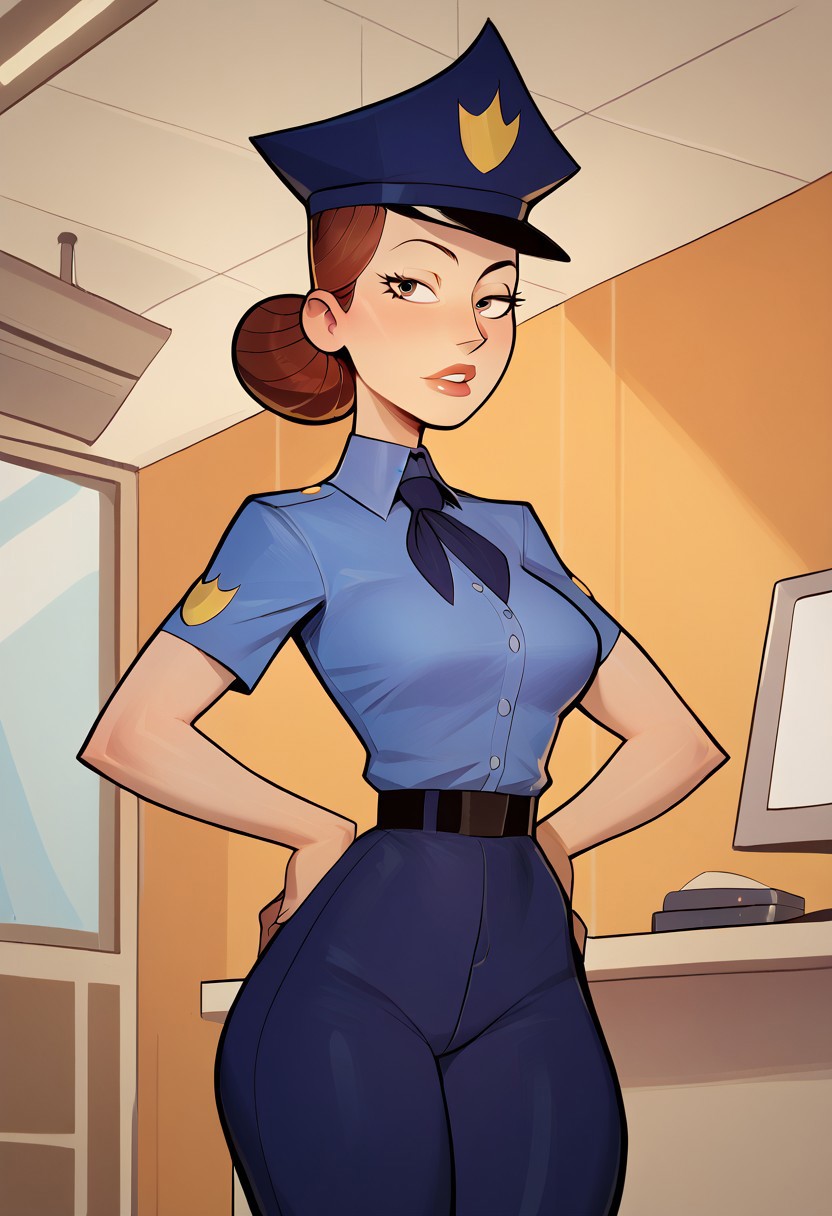 (mall cop), sscore_9, score_8_up, score_7_up, 1girl, brown hair, hair bun, solo, hat, uniform, necktie, single hair bun, belt, pants, shirt, looking at viewer, (score_6_up, score_5_up), solo, standing, source_anime, conceptart, (indoors, Police Department Office)