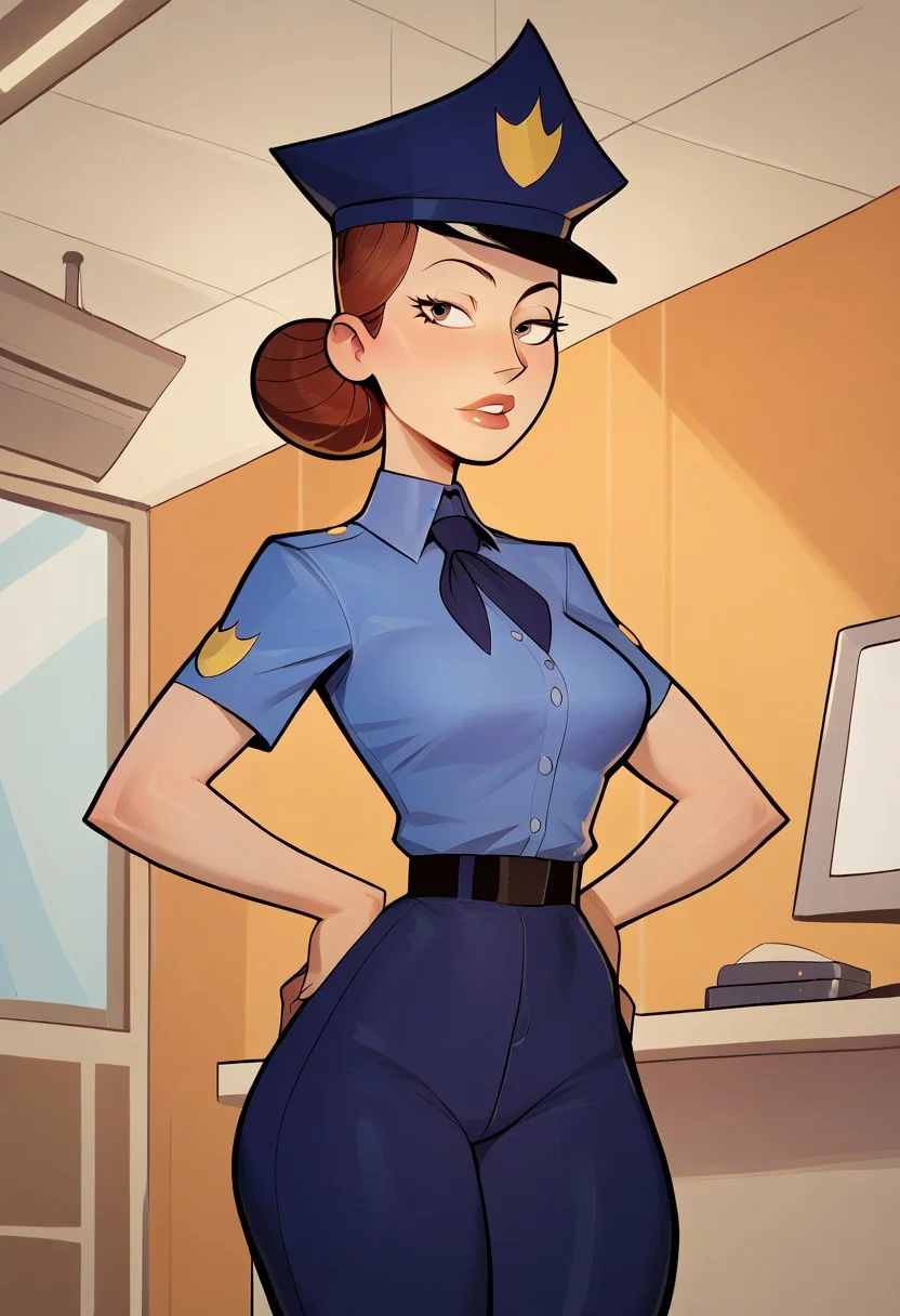 (mall cop), sscore_9, score_8_up, score_7_up, 1girl, brown hair, hair bun, solo, hat, uniform, necktie, single hair bun, belt, pants, shirt, looking at viewer, (score_6_up, score_5_up), solo, standing, source_anime, conceptart, (indoors, Police Department Office)