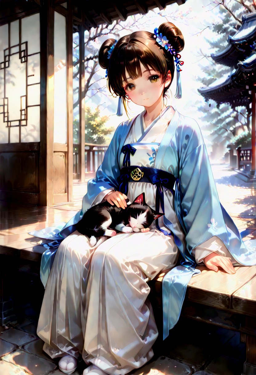 1girl, solo, 4k, hd, ultra detailed, masterpiece, best quality, very aesthetic, absurdres, full body, aesthetic background, detailed background, cute, brown eyes, brown hair, double bun, perfect eyes, beautiful eyes, detailed face, beautiful face, hanfu, beautiful and exquisite hanfu, detailed hanfu, sitting on the porch, dynamic view, sleeping kitten, kitten on lap,
