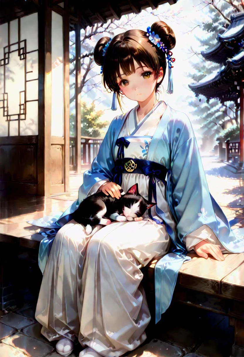 1girl, solo, 4k, hd, ultra detailed, masterpiece, best quality, very aesthetic, absurdres, full body, aesthetic background, detailed background, cute, brown eyes, brown hair, double bun, perfect eyes, beautiful eyes, detailed face, beautiful face, hanfu, beautiful and exquisite hanfu, detailed hanfu, sitting on the porch, dynamic view, sleeping kitten, kitten on lap,