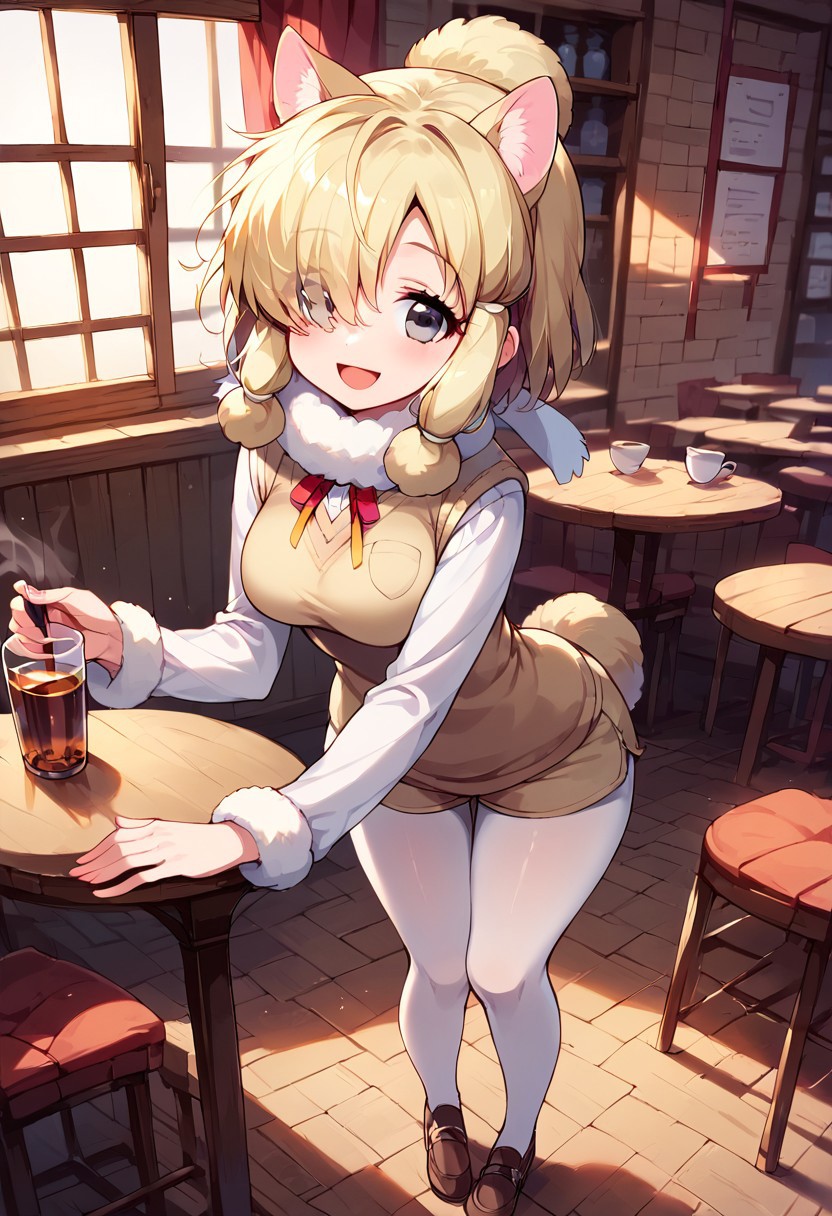 1girl, ((solo)), best quality, ultra-detailed, extremely detailed, perfect anatomy, masterpiece, score_9, score_8_up, score_7_up, Expressiveh, alpaca suri (kemono friends), alpaca ears, hair over one eye, bangs, blonde hair, grey eyes, sidelocks, hair tubes, hair bun, tail, short hair, horizontal pupils, fur scarf, white pantyhose, long sleeves, fur collar, fur trim, neck ribbon, white shirt, sweater vest, shorts, pantyhose, breast pocket, fur-trimmed sleeves, shoes, standing, open mouth smile, smile, cute, full body, cafe background, in a cafe, indoors, window with light, countertop, tables, chairs, leaning forward, dutch angle, contrapposto, full-length portrait, happy, eager, holding tea kettle,  looking at viewer,