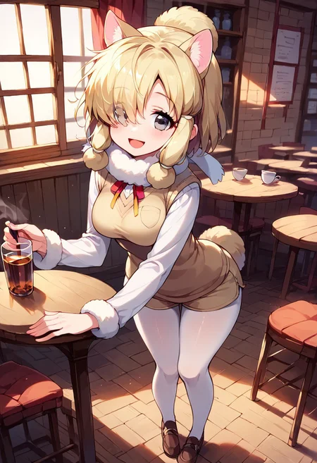 1girl, ((solo)), best quality, ultra-detailed, extremely detailed, perfect anatomy, masterpiece, score_9, score_8_up, score_7_up, Expressiveh, alpaca suri (kemono friends), alpaca ears, hair over one eye, bangs, blonde hair, grey eyes, sidelocks, hair tubes, hair bun, tail, short hair, horizontal pupils, fur scarf, white pantyhose, long sleeves, fur collar, fur trim, neck ribbon, white shirt, sweater vest, shorts, pantyhose, breast pocket, fur-trimmed sleeves, shoes, standing, open mouth smile, smile, cute, full body, cafe background, in a cafe, indoors, window with light, countertop, tables, chairs, leaning forward, dutch angle, contrapposto, full-length portrait, happy, eager, holding tea kettle,  looking at viewer,