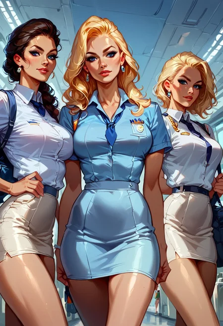 score_9, score_8_up, score_7_up, , 3girls, attractive, Full hourglass body, stewardess, pencil skirt, flight attendant, commercial line flight attendant uniform, <lora:Expressive_H:0.8>, standing, pinup pose, cowboy shot, pose variation, outfit variation, hairstyle variation
