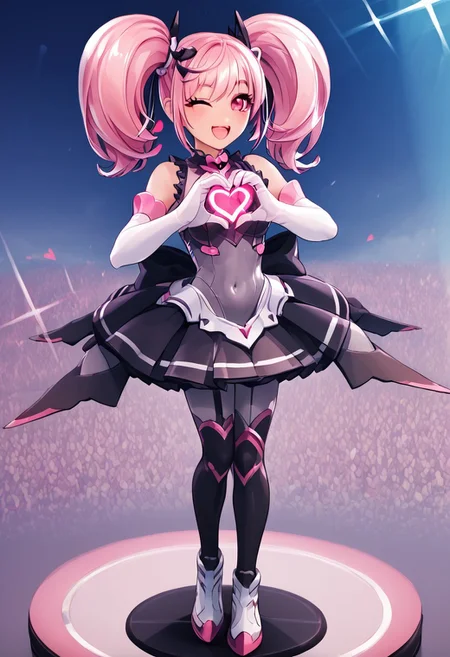 score_4,score_5,score_6,score_7_up,score_8_up,score_9
((masterpiece,best quality,ultra detailed,highres,HD,4k:1.2)),
1 cute girl,girl forcus,
full body,long hair,twintail,pink hair,pink eyes,Black conjunctiva,
elbow gloves,covered navel,body suit,skirt,boot,black knee socks,
stage,idol stage,((Make a heart symbol with both hands, heart with both hands,heart hands,heart symbol)), looking at the audience,
happy, smile, open mouth,wink,