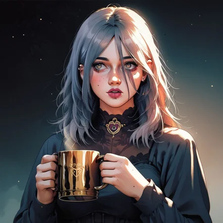 score_9, knva, 1girl, Sable Ward, holding a black and gold mug of tea,