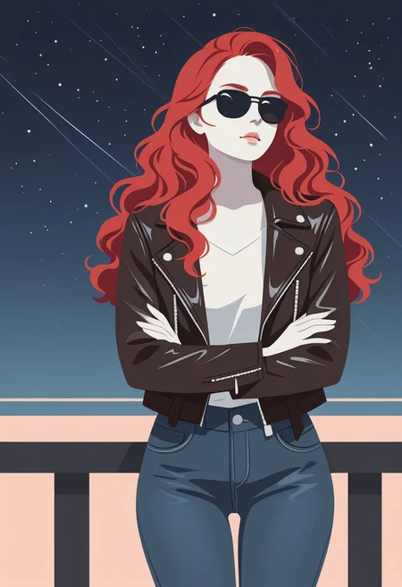 minimalistic, flat color, no lineart, 1girl, front view, crossing arms, leather jacket, long wavy hair, red hair, sunglasses, pale skin, night, jeans, white shirt, starry sky, night