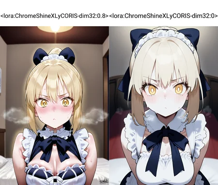 <lora:ChromeShineXLyCORIS-dim32:0.8> score_9, 1girl, (saber alter, blonde hair, yellow eyes, cute eyes, pupil eyes, extremely detailed eyes), medium breasts, indoors, sweat, steaming body, bedroom, long hair, ribbon, black ribbon, ponytail, blush, bangs, bare shoulders, (maid outfit), steaming body, sweat, wet, from front, close-up,