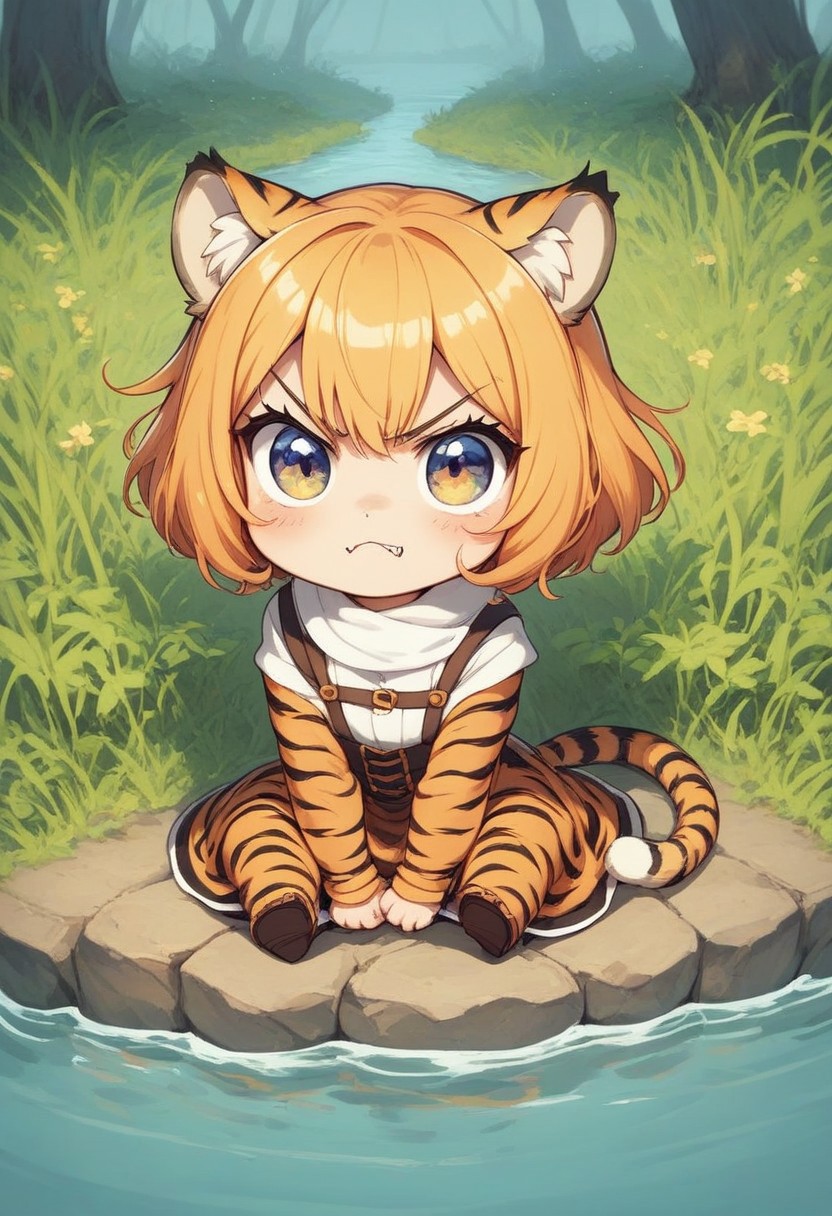 score_9, score_8_up, score_7_up, best quality, fine detail, cute, tiger girl, chibi, sitting, angry, by a river, reeds,