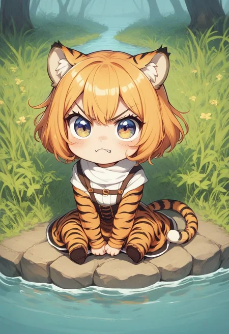score_9, score_8_up, score_7_up, best quality, fine detail, cute, tiger girl, chibi, sitting, angry, by a river, reeds,