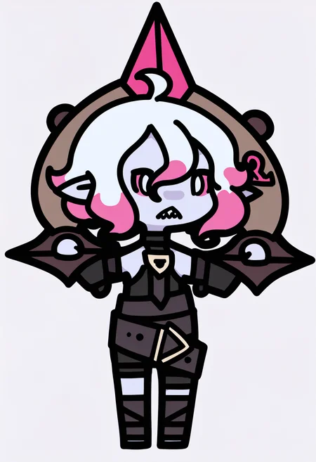 best quality, amazing quality, very aesthetic, absurdres,
1girl, chibi,
briar, white eyes, colored sclera, white hair, gradient hair, short hair, hair between eyes, ahoge, pointy ears, sharp teeth, grey skin,
shackles, bare shoulders, detached sleeves,
standing, full body, solo, looking at viewer, simple background, white background, <lora:RabbitAndSteelIllustriousLocon_byKonan:1> <lora:BriarIllustriousXL_byKonan:1>