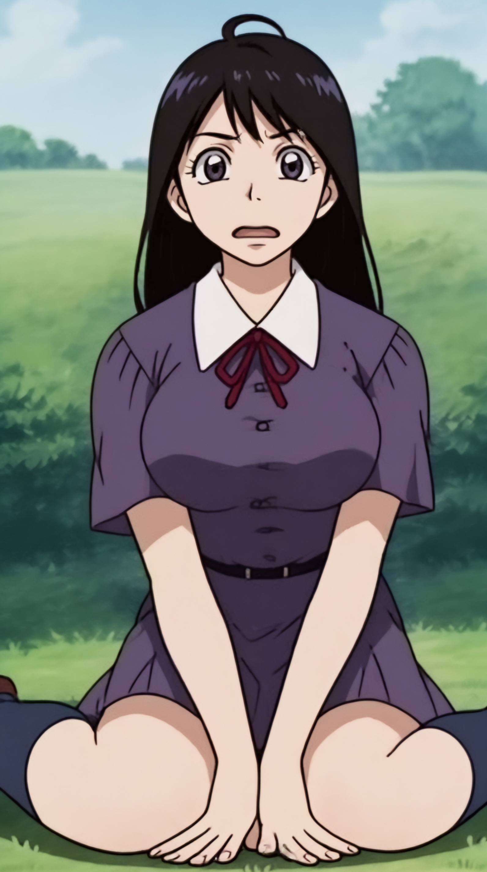 score_9, score_8_up, score_7_up,anime_source, source_anime, best background, detailed background, anime screencap  Mina Nakanotani, Main Outfit, solo, looking at viewer, open mouth, sitting, wariza, outdoors, grass field, impressive,  <lora:JN_Mina_Nakanotani_Pony:0.8>
