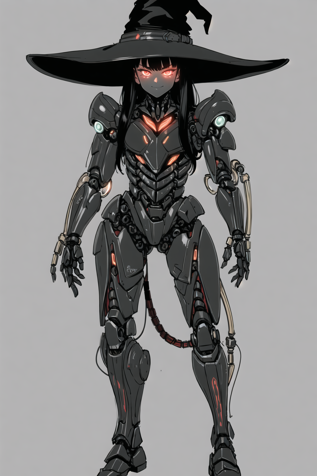 portrait, 1girl, (a demon woman, muscles, (biomechanical neon led exoskeleton mechsuit armor Fatigues sarashi, witch hat:1.5)), (solo) (1girl), (beautifully drawn face:1.2), glowing red eyes [boku no hero academia], light smile, (black hair long hair cornrows:1.3), dynamic pose, BREAK
(dynamic pose standing, simple background, dark ambiance, looking at viewer:1.3) (milk, exoskeleton, toes) BREAK
illustration, ((masterpiece:1.2, best quality)), 4k, high quality, solo,(lineart:1.2) <lora:tekuhoUltimate_tekuhoUltimateV10:0.8>