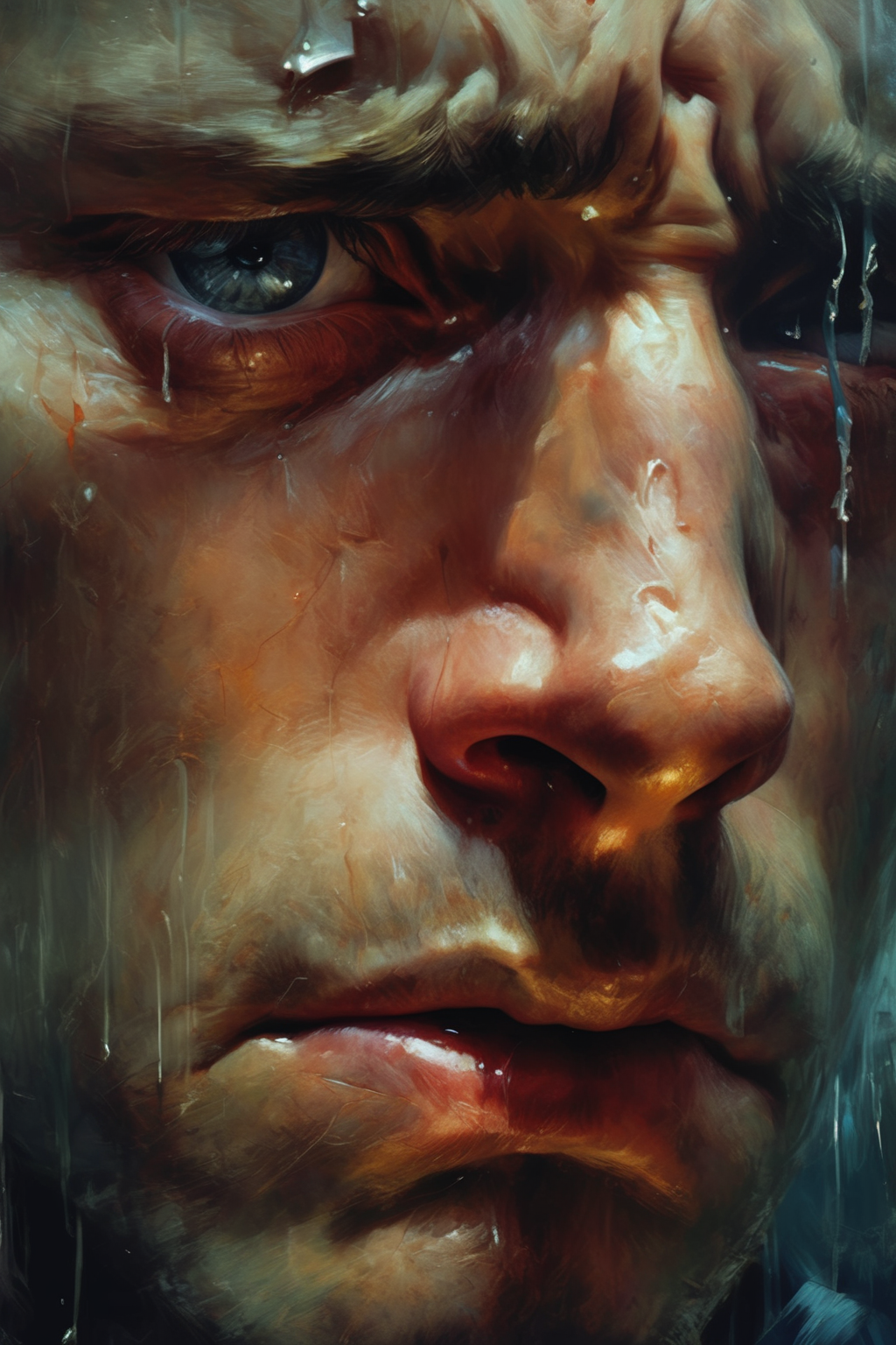 <lora:Sam Spratt Style:1>Sam Spratt Style - A close-up image of the man's face expressing a deep emotional revelation, with perhaps a tear escaping his eye to signify its depth and intensity