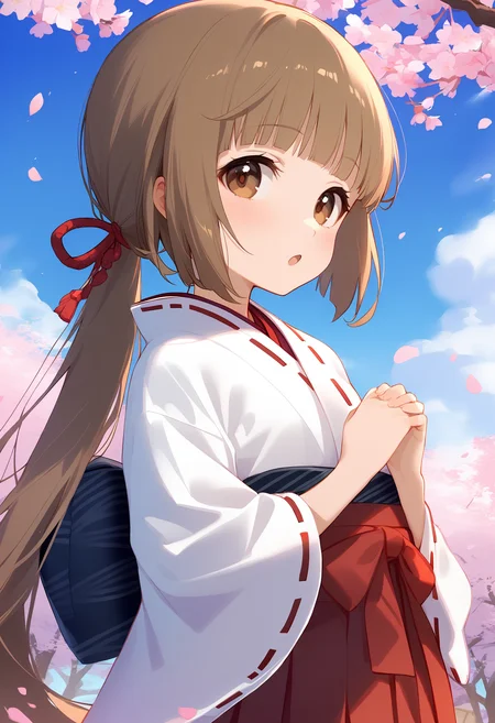 1girl,
yorita yoshino,
blush, hakama, solo, cloud, hair ornament, own hands together, looking to the side, japanese clothes, ponytail, blue sky, looking at viewer, skirt, cloudy sky, blunt bangs, from side, light brown hair, :o, red hakama, flower, cherry blossoms, ribbon, open mouth, wide sleeves, hair ribbon, white kimono, red ribbon, sky, outdoors, kimono, very long hair, hakama skirt, long hair, low ponytail, brown eyes, miko, day, branch, petals,
sfw
<lora:a31_char_new_yorita_yoshino-000016:1> <lora:a31_style_koni-000010:0.8>