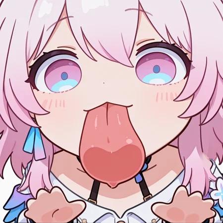 (masterpiece, high quality, amazing detail), highres, 1girl, march 7th \\(honkai: star rail\\), solo, blush_sticker, licking screen, 1girl, solo, long hair, looking at viewer, simple background, white background, tongue, tongue out, chibi, :3, <lora:Chibi_licking_your_screen-10:1>