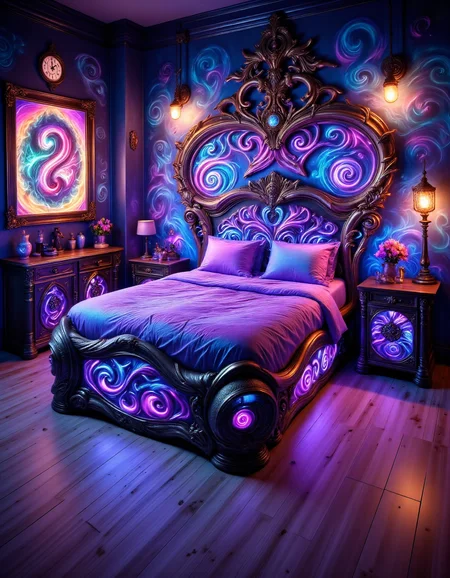 This image is a photograph of a surreal, chaotic bedroom designed to evoke the theme of Tzeentch, the Changer of Ways from the Warhammer 40k universe. The room is painted in deep, mystical blues and purples, with swirling patterns that seem to shift and move across the walls. The bed, which is the central focus, is shaped like a twisting, arcane symbol, with serpentine curves and sharp edges. The pillows are a deep, iridescent purple, and a shimmering, multi-hued blanket, resembling the changing colors of a warp storm, is draped over the bed. The bed is positioned against a wall adorned with runes and symbols, glowing faintly in an eerie, otherworldly light. Above the bed, a dark shelf holds various decorative items, including a framed picture of an ever-changing abstract form, a strange, twisted vase, and a small, otherworldly figure: all imbued with the essence of Tzeentch.
<lora:Custom_Bed_Manufacturer_FLUX:0.8> <lora:aidmaGLOWV4wc:0.8> aidmaGlow <lora:Touch_Of_Tzeentch_-_WorldMorph_-_Warhammer_40000_Flux:0.8>
