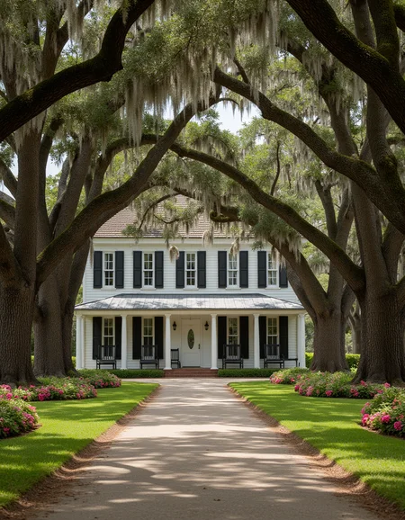 raw photo, view looking down a realistic detailed wagon trail leading to an old 2-story white painted southern antebellum plantation, lined on both sides by high detailed realistic ancient live oak trees, Spanish moss hanging from oak tree limbs, oak trees creating an arched canopy shading the trail, (((realistic multi-colored flowering azaleas surround the base of each oak tree))), black rocking chairs on the porch,  detailed realistic grass, ultra sharp focus, photorealistic, 8k, 4k, hd