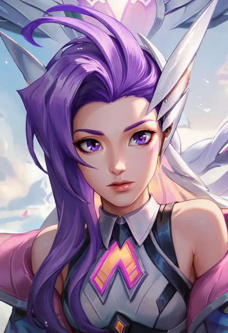 score_9, perfect, gorgeous, beautiful, amazing, lovely, 1girl, BDSera, purple hair, long hair, purple eyes, upper body, cropped jacket, bare shoulders, battle leotard, front view,<lora:Battle_Dove_Seraphine_PonyXL:0.8>