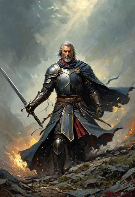 Black templar knight, for honour, victorious, Black on both sides, <lora:Lost_In_Dreams:0.6>, <lora:RMSDXL_Creative:0.8>, Volumetric lighting, <lora:Dreamyvibes artstyle SDXL - Trigger with dreamyvibes artstyle:0.7> Dreamyvibes Artstyle, on one knee, kneeling, leaning on sword, sword planted in ground, no helmet, handsome, grizzly, masculine, facial hair, short grey hair, intense, dramatic, masterpiece, best quality, painterly, cinematic,