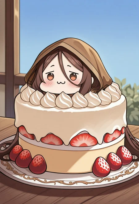 CIF-Illu, chibi, cute, table, :3. blush, Chun_Hyang, cloak, very long hair, blue sky,
delicious, cream, cake, cherry, strawberry, delicious food,
best quality, high quality, cute, highres,absurdres